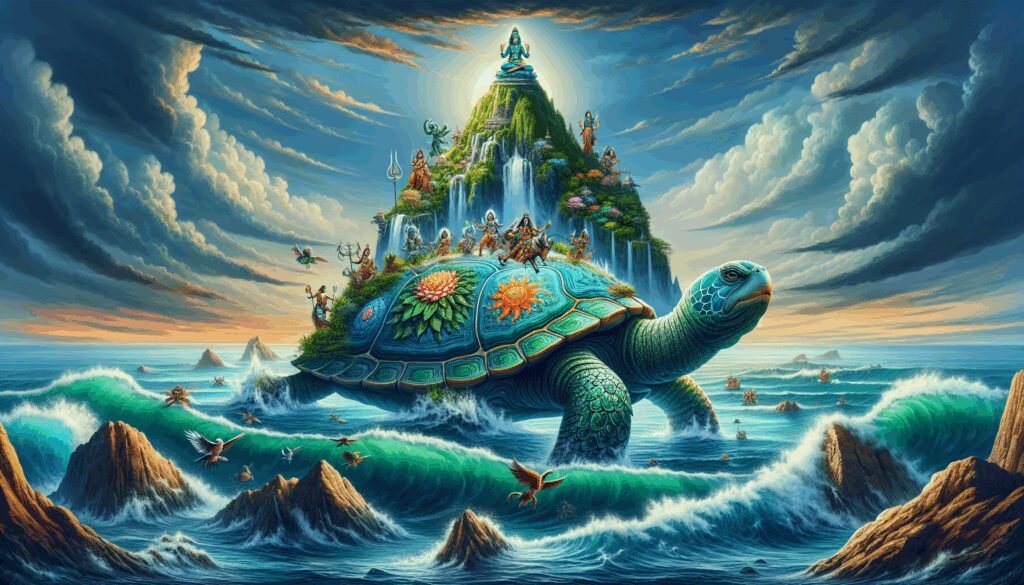 kurma dios avatar tortuga de vishnu que sostiene el monte mandara en el batido del oceano Diosas, dioses y deidades